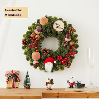 30cm Christmas wreath with pinecones, red berries, wooden Merry Christmas sign, Santa face ornament, festive home decor