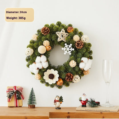 30cm Christmas wreath with pinecones, white cotton, snowflake, and rustic decorations on wall