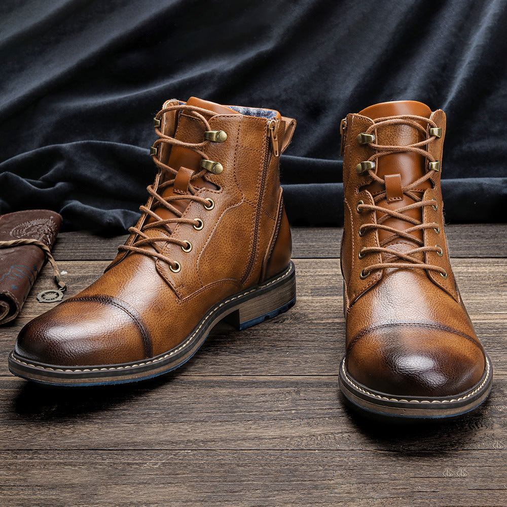 Men's vintage brown high-top lace-up boots with PU leather, stitch details, and anti-slip soles on wooden floor
