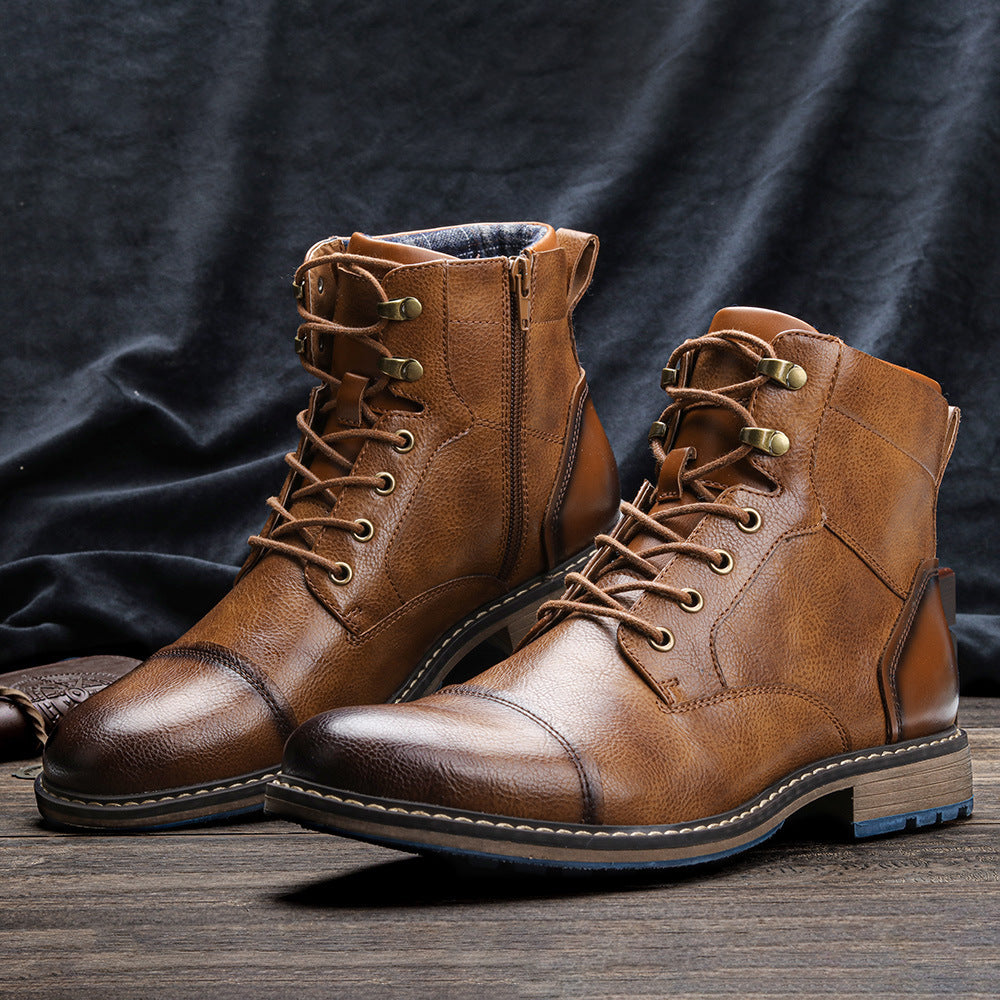 Men's vintage brown high-top lace-up boots with PU leather and anti-slip sole on wood surface