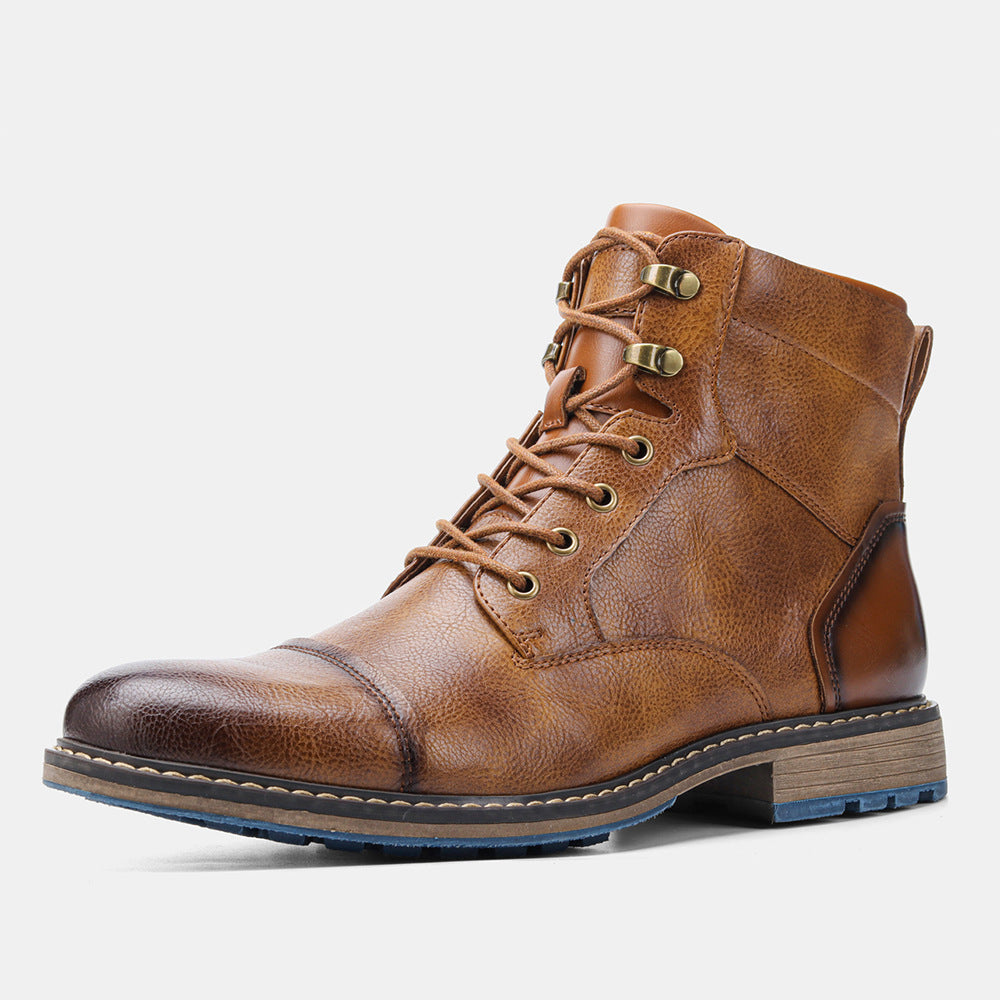 Men's vintage high-top lace-up brown leather boots with a textured finish and anti-slip sole