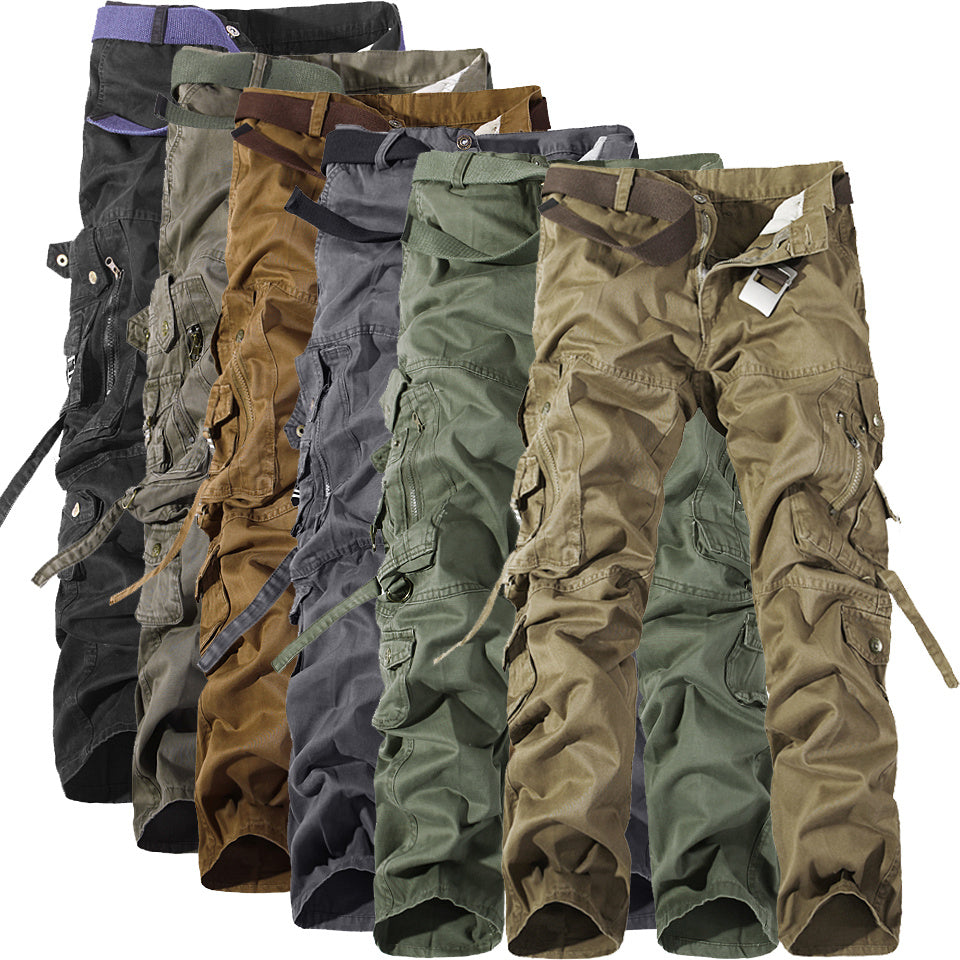Seven pairs of men's cargo pants in black, gray, brown, green, and tan colors with multiple pockets and belts
