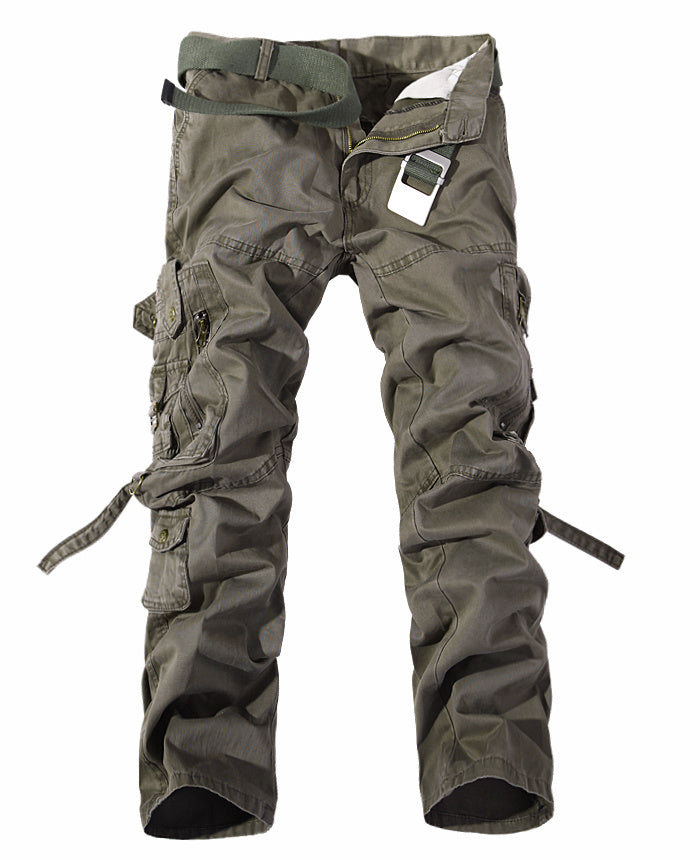 Army green men's cargo pants with multi-pocket design and durable cotton fabric, includes green belt