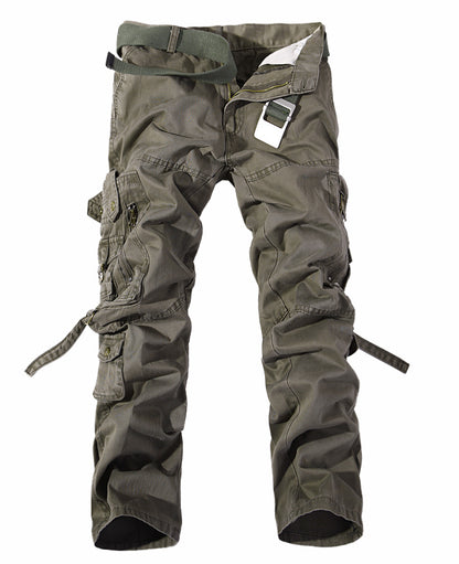 Army green men's cargo pants with multi-pocket design and durable cotton fabric, includes green belt