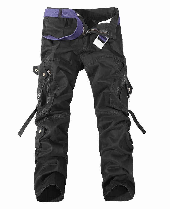 black men's cargo pants with multiple pockets, zippers, and a purple belt on white background