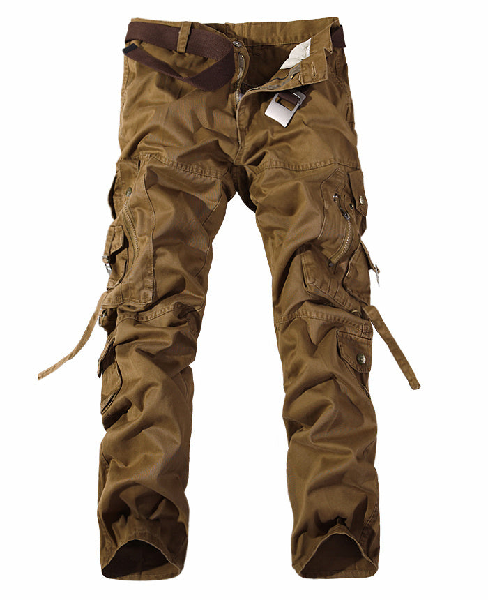 Army green men's cargo pants with multi-pocket design and attached brown belt on white background