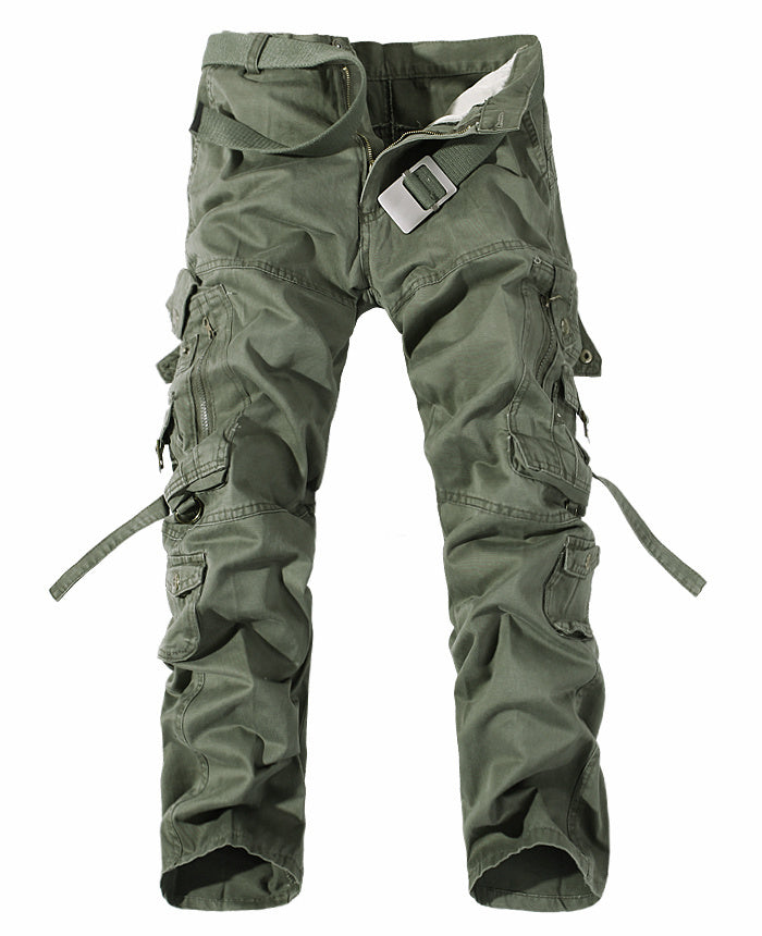 Army green men's cargo pants with multi-pocket design and durable cotton fabric