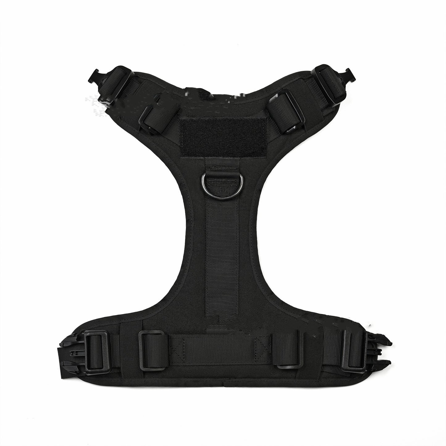 Black durable nylon dog harness with quick-release buckles and metal D-ring