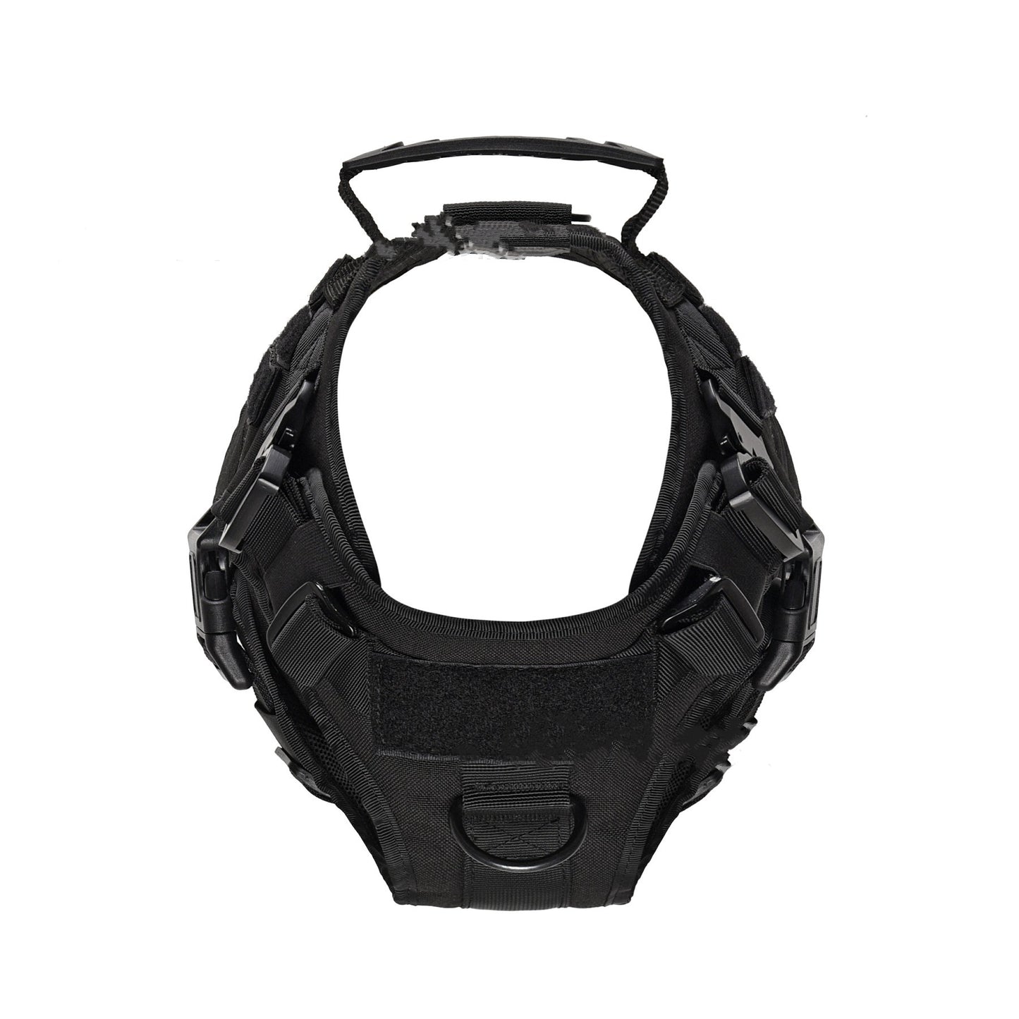 black tactical dog harness with quick-release buckle and handle on white background