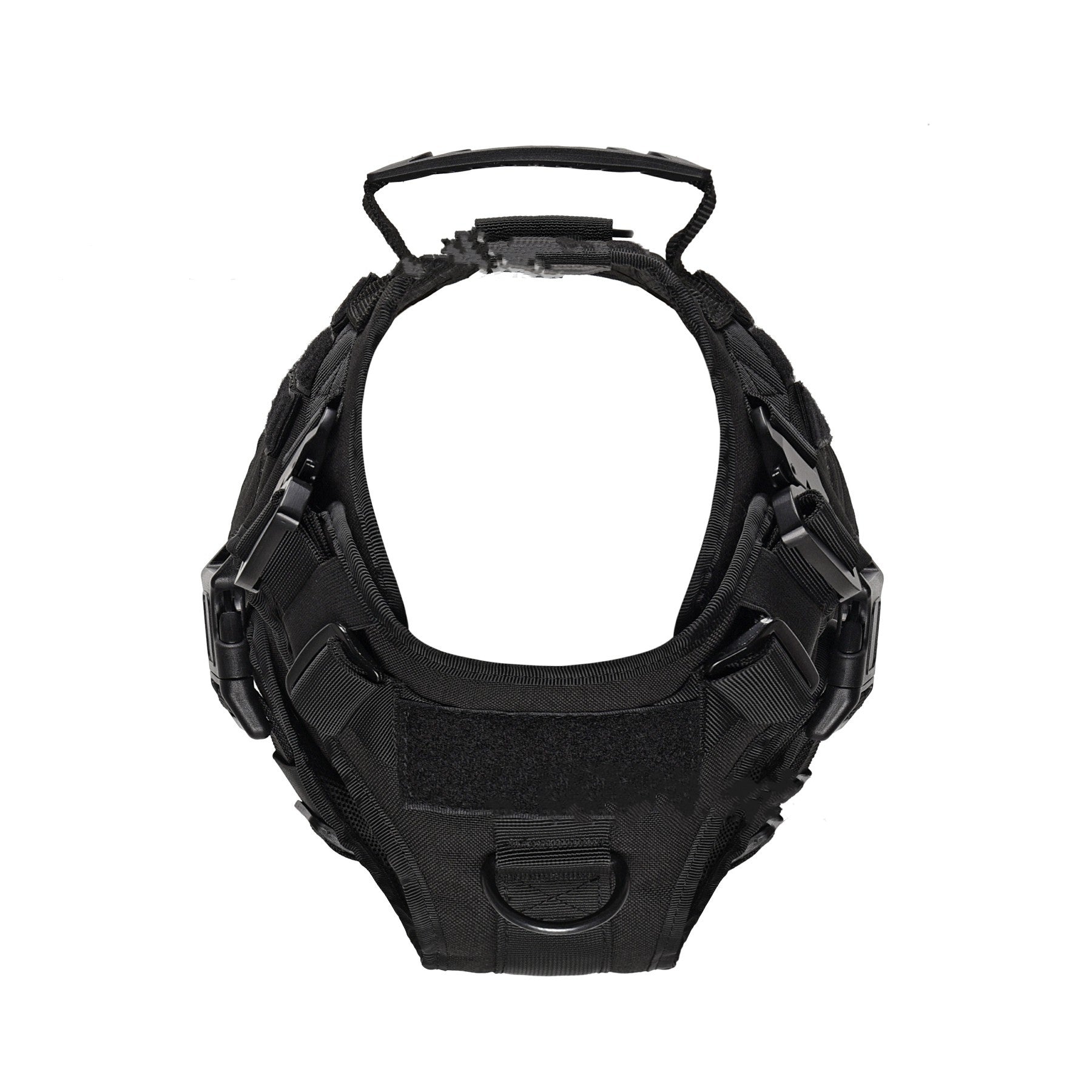black tactical dog harness with quick-release buckle and handle on white background
