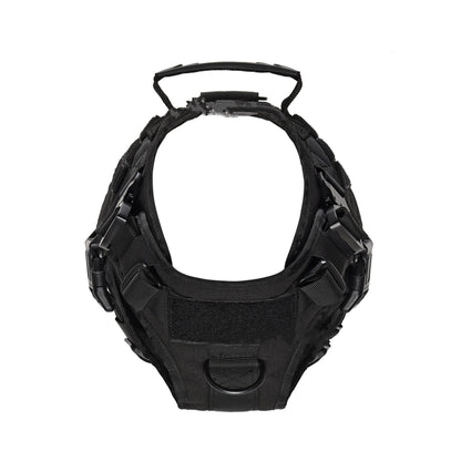 black tactical dog harness with quick-release buckle and handle on white background