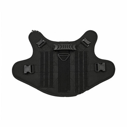 Black nylon tactical dog harness with adjustable buckles and handle, isolated on white