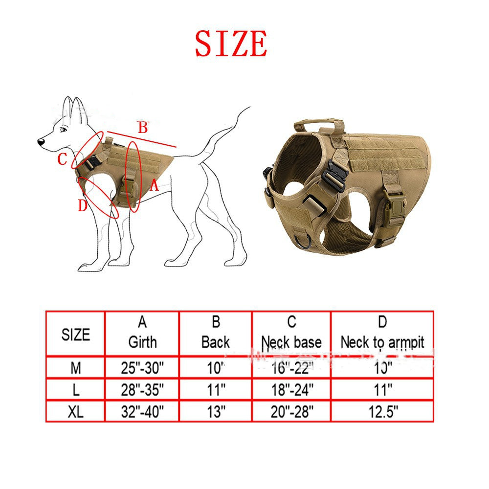 Tan nylon tactical dog harness with size chart showing girth, back, neck base, and neck to armpit measurements