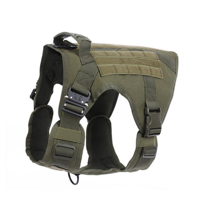 Army green nylon tactical dog harness with quick-release buckle and adjustable straps