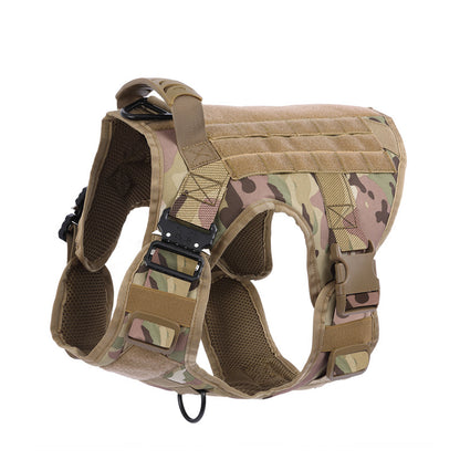 Army green camouflage nylon tactical dog harness with quick-release buckles and padded straps