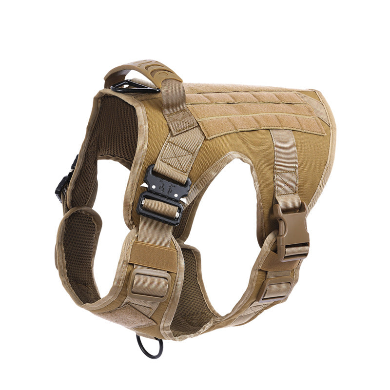 tan nylon tactical dog harness with quick-release buckles and adjustable straps