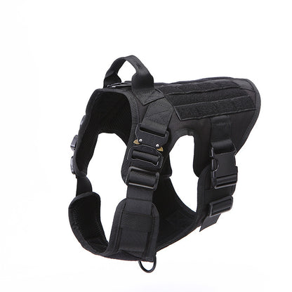 Black nylon tactical dog harness with quick-release buckles and handle on white background