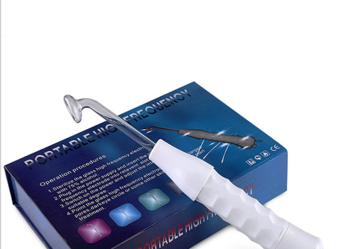 Trendoligy high frequency skin therapy wand with curved glass electrode on blue product box for acne treatment