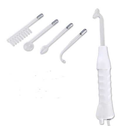 Trendoligy high frequency skin therapy wand with five interchangeable clear glass electrode attachments on white background