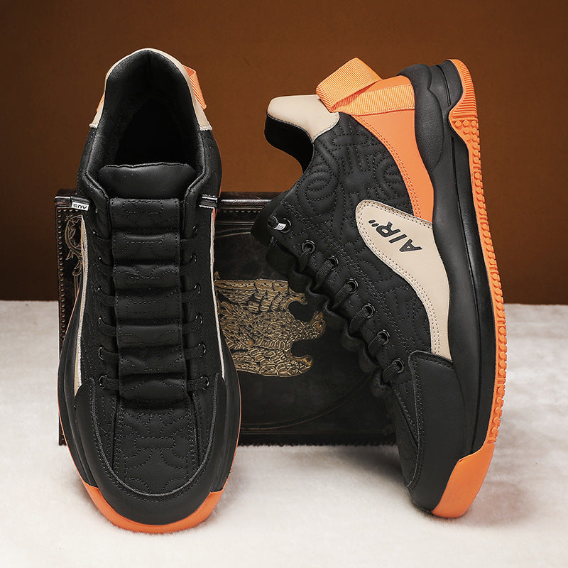 Black and orange men's platform sneakers with artificial PU upper and AIR detailing, stylish sports shoes