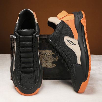 Black and orange men's platform sneakers with artificial PU upper and AIR detailing, stylish sports shoes