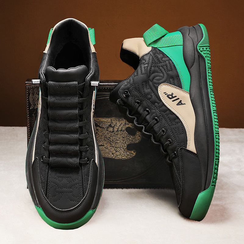 Black and green men's high-top sneakers with beige accents and AIR branding on side