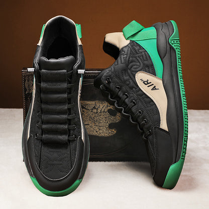 Black and green men's high-top sneakers with beige accents and AIR branding on side