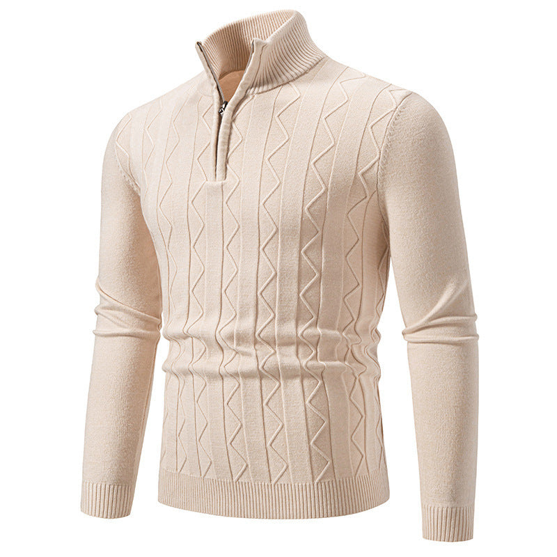 Beige men’s slim fit sweater with half-zipper, ribbed collar, and textured knit pattern