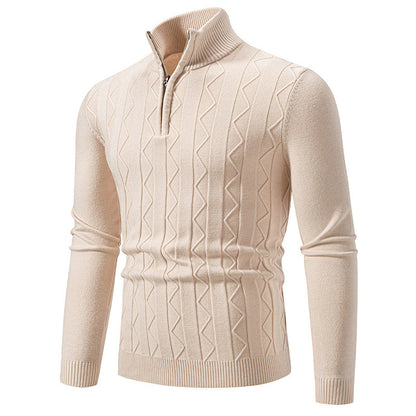 Beige men’s slim fit sweater with half-zipper, ribbed collar, and textured knit pattern