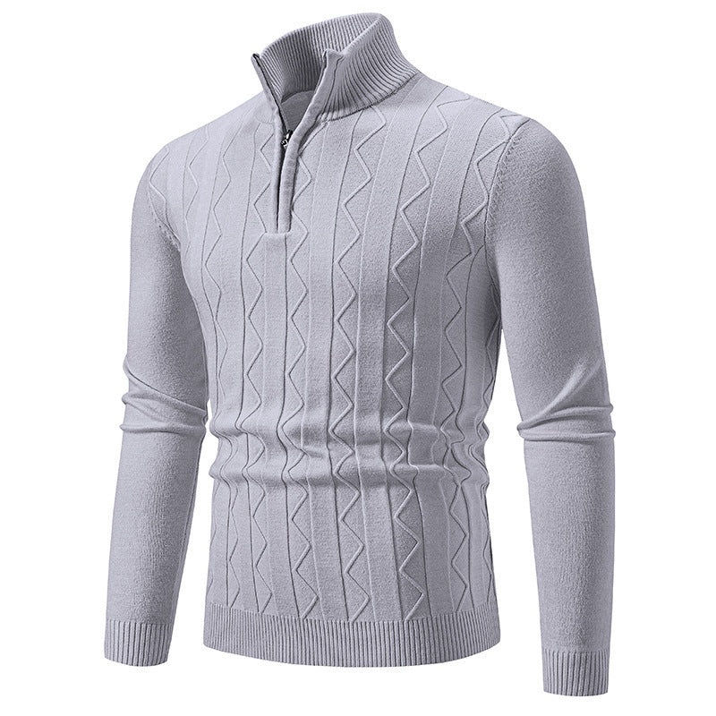 Men's slim fit light gray sweater with zipper and textured zigzag knit pattern