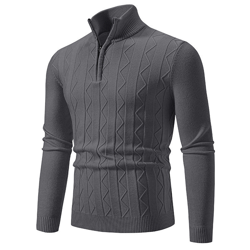 Men's slim fit grey sweater with zippered high collar and textured zigzag knit pattern