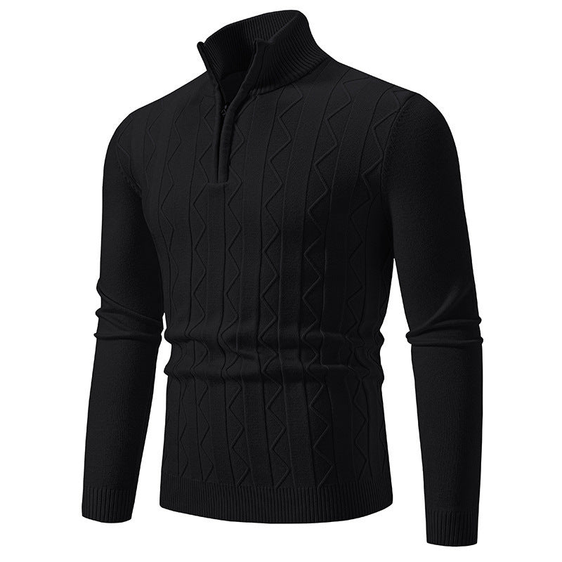 black men's slim fit sweater with zipper and textured knit patterns, long sleeves, ribbed cuffs and hem