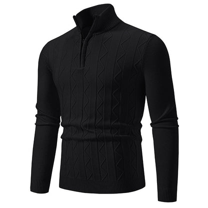 black men's slim fit sweater with zipper and textured knit patterns, long sleeves, ribbed cuffs and hem