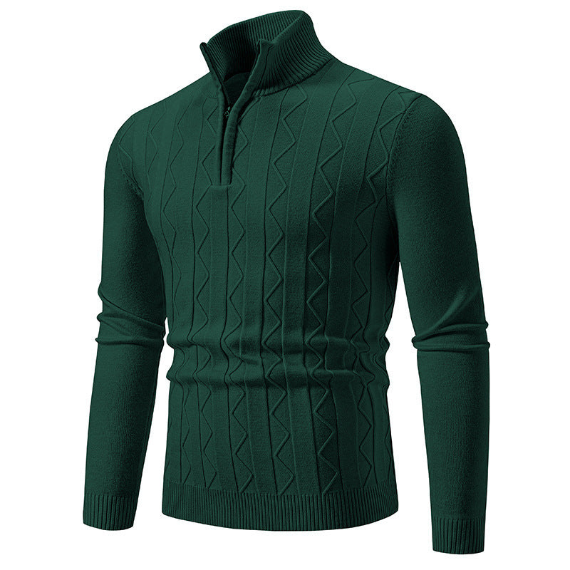 Dark green men's slim fit zip-up sweater with textured zigzag pattern and ribbed collar and cuffs