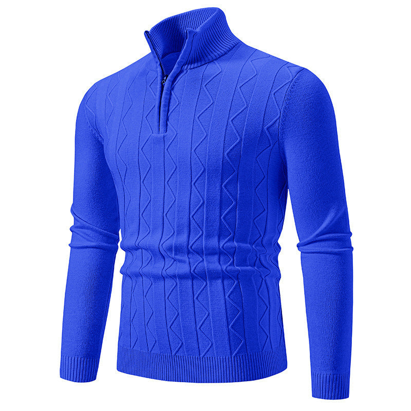 Men's slim fit royal blue sweater with half-zip and textured knit pattern