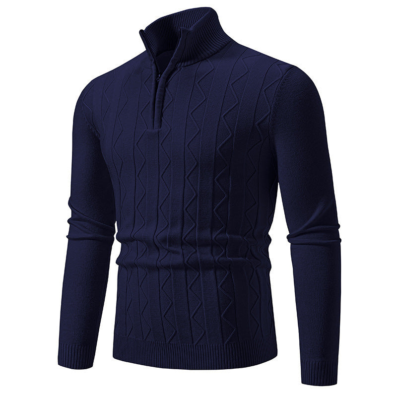 men's navy blue slim fit sweater with quarter zip and textured knit pattern