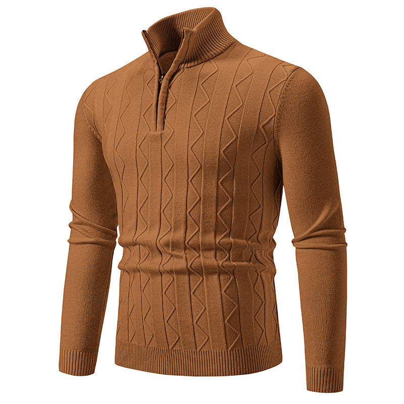 Men's slim fit beige sweater with zipper collar and textured knit pattern