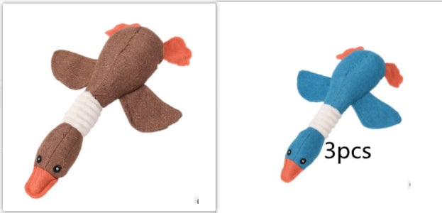 durable plush duck dog toys in brown and blue with orange beaks and white necks, interactive squeaky pet toys