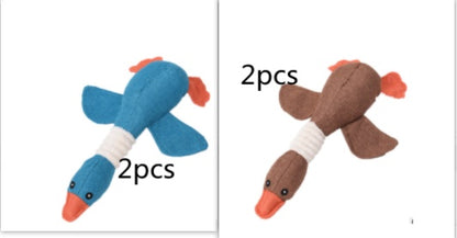 Set of two plush dog toys shaped like ducks in blue and brown with orange beaks and feet, durable and squeaky