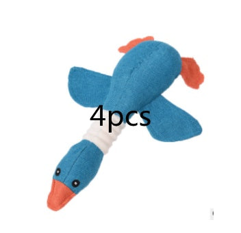 Blue plush duck dog toy with orange beak and wings, durable squeaky interactive pet toy