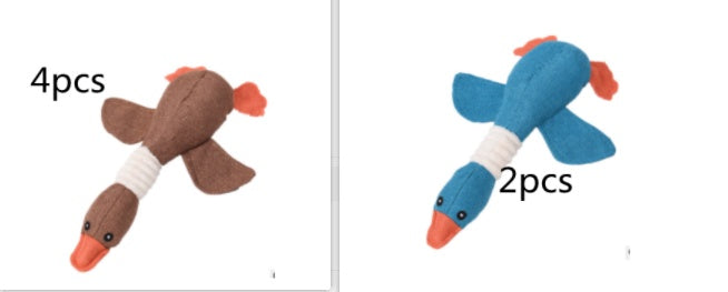Set of 4 brown and 2 blue plush duck dog toys with orange beaks and squeaky feature