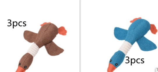 Two sets of plush dog toys shaped like ducks in brown and blue colors with squeaky interactive features
