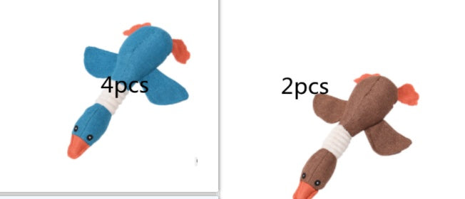 Blue and brown plush duck dog toys with orange beaks and wings, squeaky and durable for pet play