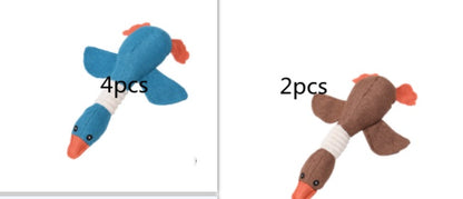 Blue and brown plush duck dog toys with orange beaks and wings, squeaky and durable for pet play