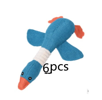 blue plush duck dog toy with soft orange beak and wings, durable squeaky interactive pet toy