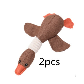 brown plush duck dog toy with orange beak and wings, durable interactive pet toy