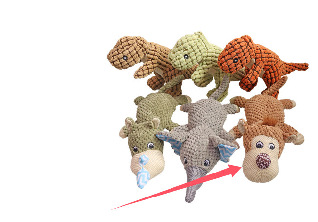 Set of six durable plush squeaky animal dog toys in various colors including dinosaur, dinosaur, and monkey designs