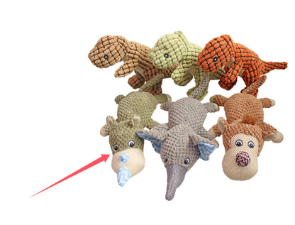 set of six colorful textured plush dinosaur and animal dog toys with soft fabric material