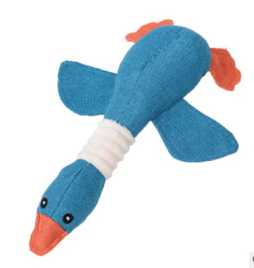 Blue plush duck dog toy with orange beak and feet, durable squeaky interactive pet toy