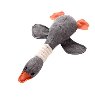Grey plush duck dog toy with orange beak and feet, durable interactive squeaky pet toy